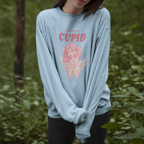 Basic Crew Neck Sweatshirt Cupid wearing retro heart glasses