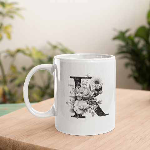 Elegant floral letter R mug