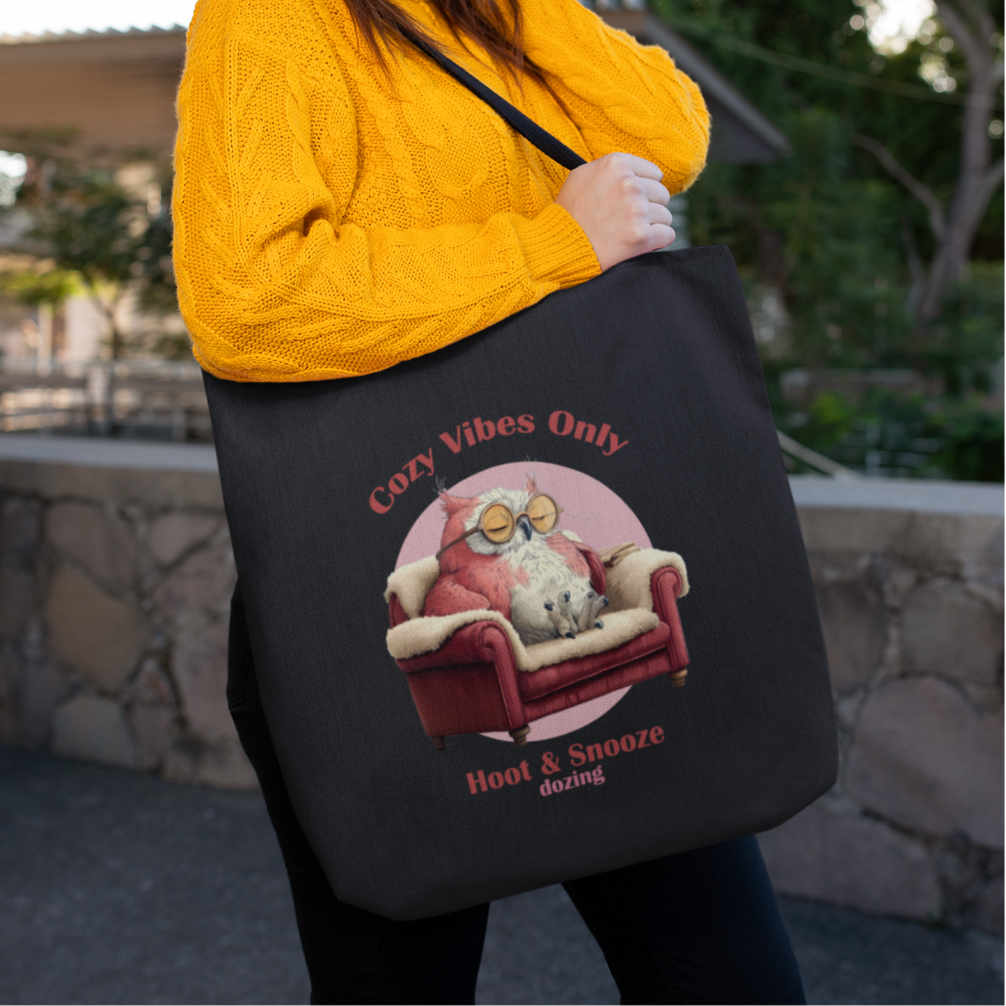 Cozy Vibes Eco Tote Bag – Funny Owl Design | Reusable Organic Cotton Shopper