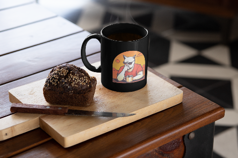 Cat drinking coffee at sunset Mug