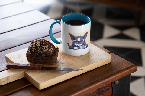 Color Inside Ceramic Mug – Cat drinking coffee on the table