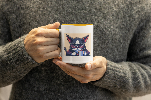 Color Inside Ceramic Mug – Cat drinking coffee on the table