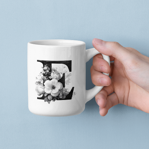 Elegant floral letter E mug