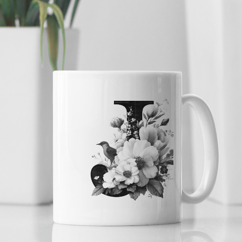 Elegant floral letter J mug