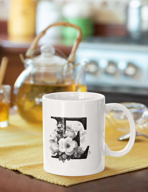 Elegant floral letter E mug