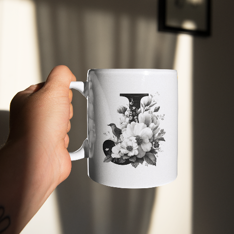Elegant floral letter J mug