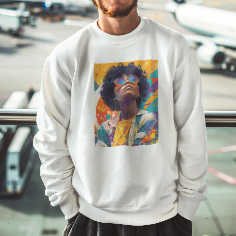 Oversized heavyweight sweatshirt  80s style Retro pop art portrait wearing large reflective round sunglasses