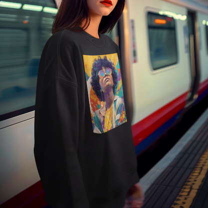 Oversized heavyweight sweatshirt  80s style Retro pop art portrait wearing large reflective round sunglasses