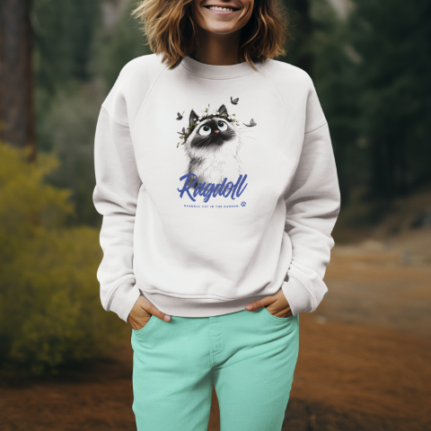 Basic Crew Neck Sweatshirt Ragdoll cat with a wreath in the garden