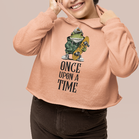 Cropped Hoodie - Retro American style skateboard frog