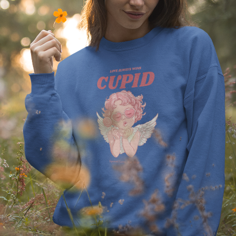 Basic Crew Neck Sweatshirt Cupid wearing retro heart glasses