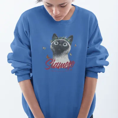 Basic Crew Neck Sweatshirt Siamese cat with a wreath in the garden