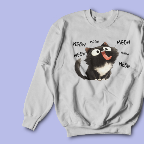Basic Crew Neck Sweatshirt Little black cat who loves to stick out his tongue