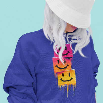 Basic Crew Neck Sweatshirt Stacked Melting Smiley Faces