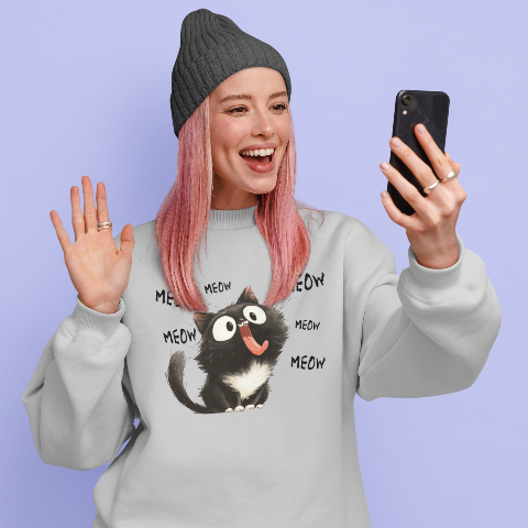 Basic Crew Neck Sweatshirt Little black cat who loves to stick out his tongue