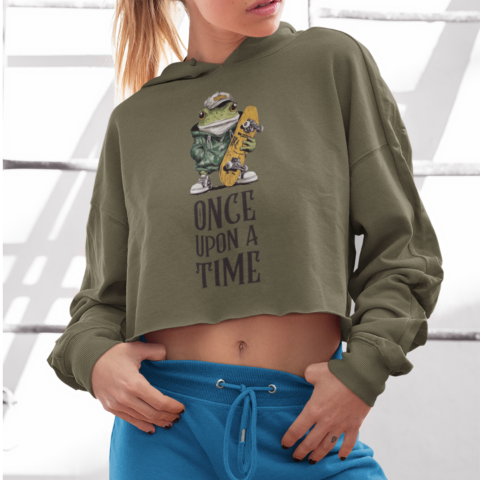 Cropped Hoodie - Retro American style skateboard frog