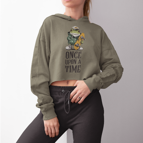Cropped Hoodie - Retro American style skateboard frog