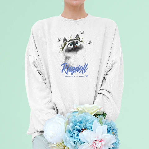 Basic Crew Neck Sweatshirt Ragdoll cat with a wreath in the garden