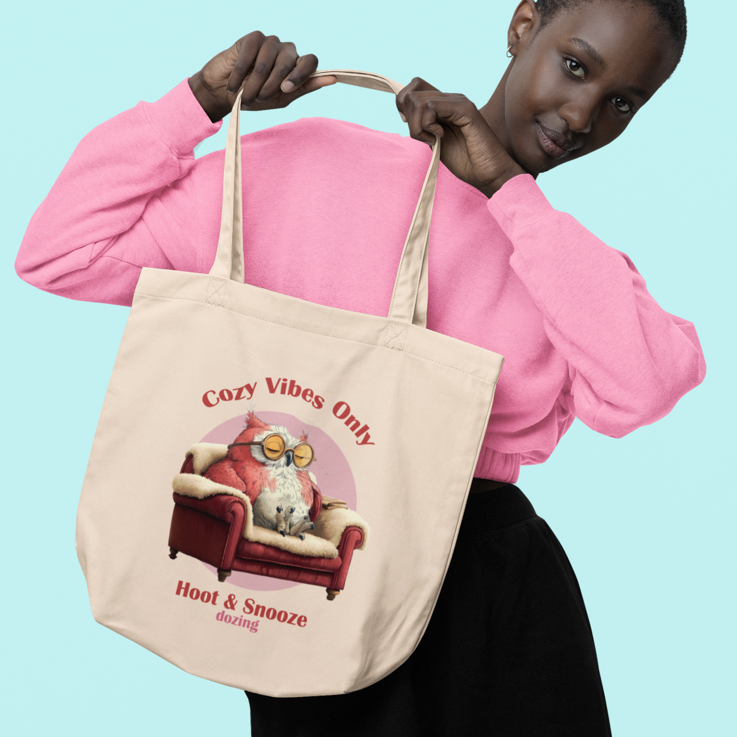 Cozy Vibes Eco Tote Bag – Funny Owl Design | Reusable Organic Cotton Shopper
