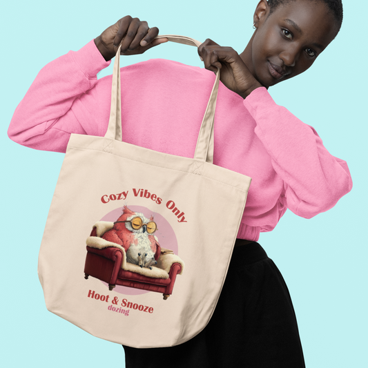 Cozy Vibes Eco Tote Bag – Funny Owl Design | Reusable Organic Cotton Shopper