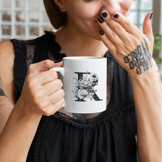 Elegant Floral Initial Mug – Personalized Ceramic Coffee Cup Gift for Women & Friends | Grumpy Cat Club