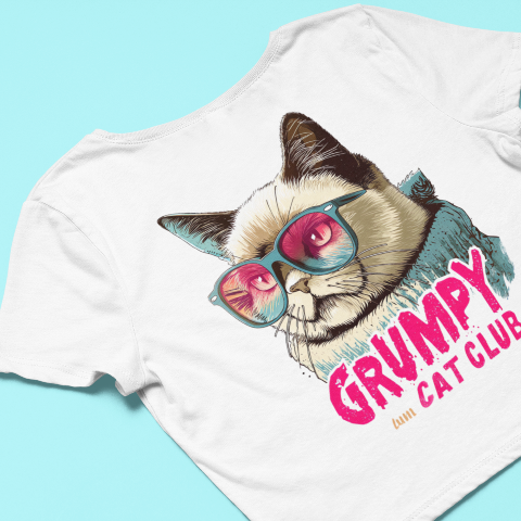 Comfy Cropped T-Shirt - Grumpy Cat Realistic Illustration Style Retro Sunglasses Cat