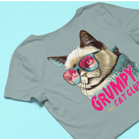 Comfy Cropped T-Shirt - Grumpy Cat Realistic Illustration Style Retro Sunglasses Cat