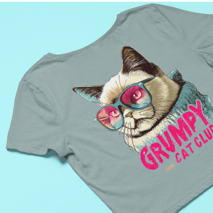 Comfy Cropped T-Shirt - Grumpy Cat Realistic Illustration Style Retro Sunglasses Cat