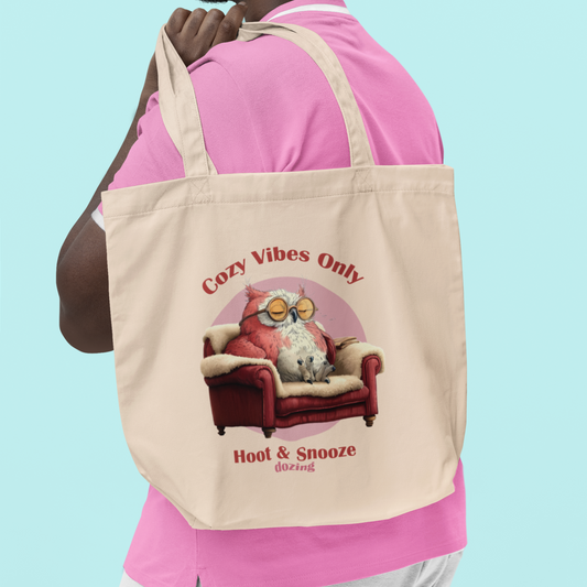 Cozy Vibes Eco Tote Bag – Funny Owl Design | Reusable Organic Cotton Shopper