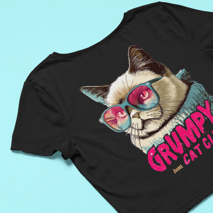 Comfy Cropped T-Shirt - Grumpy Cat Realistic Illustration Style Retro Sunglasses Cat