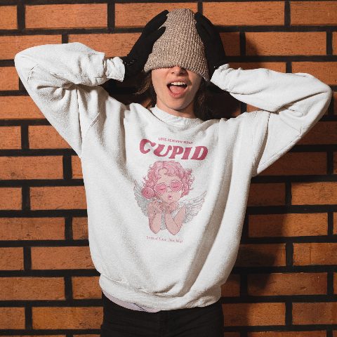 Basic Crew Neck Sweatshirt Cupid wearing retro heart glasses
