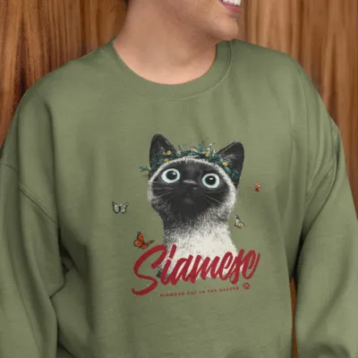 Basic Crew Neck Sweatshirt Siamese cat with a wreath in the garden