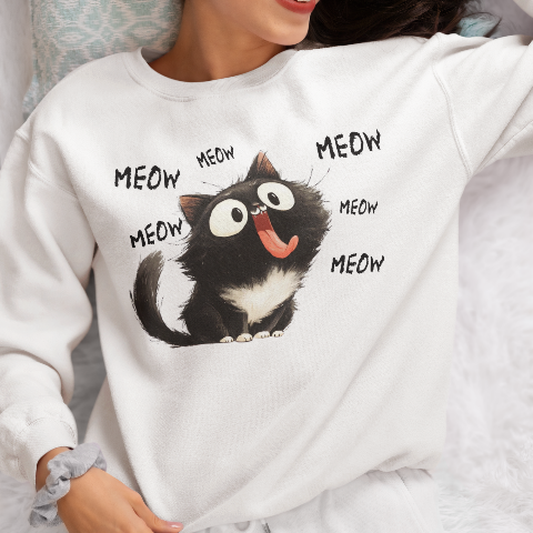 Basic Crew Neck Sweatshirt Little black cat who loves to stick out his tongue