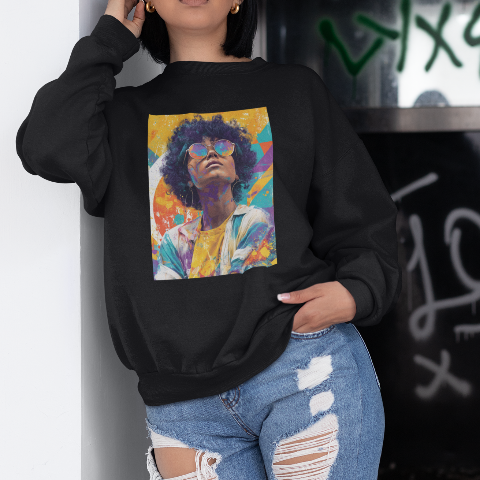 Oversized heavyweight sweatshirt  80s style Retro pop art portrait wearing large reflective round sunglasses