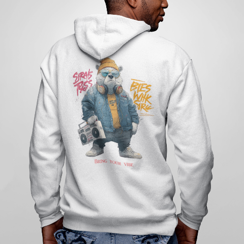 Heavy Blend Hoodie - Hip-hop street retro white bear carrying a speaker