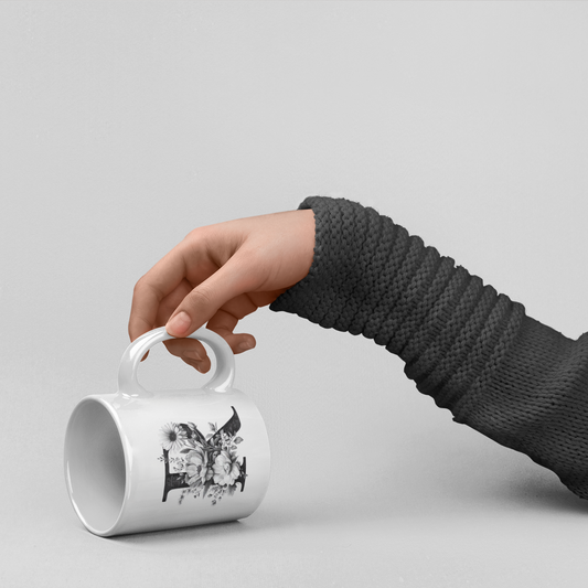Elegant Floral Initial Mug – Personalized Ceramic Coffee Cup Gift for Women & Friends | Grumpy Cat Club
