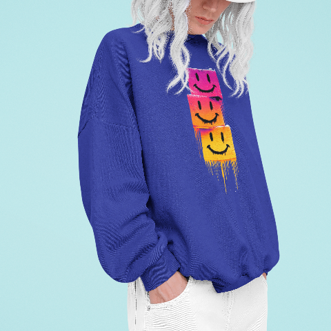 Basic Crew Neck Sweatshirt Stacked Melting Smiley Faces