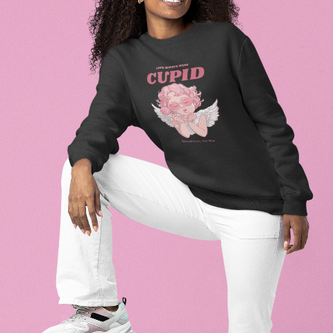Basic Crew Neck Sweatshirt Cupid wearing retro heart glasses