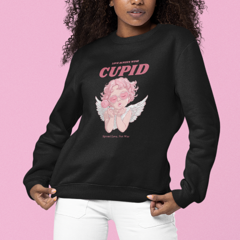 Basic Crew Neck Sweatshirt Cupid wearing retro heart glasses