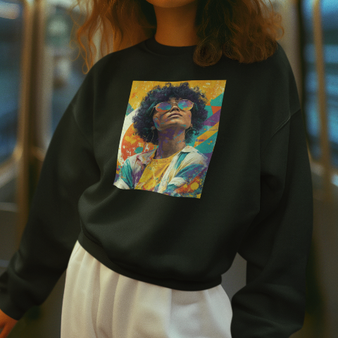 Oversized heavyweight sweatshirt  80s style Retro pop art portrait wearing large reflective round sunglasses
