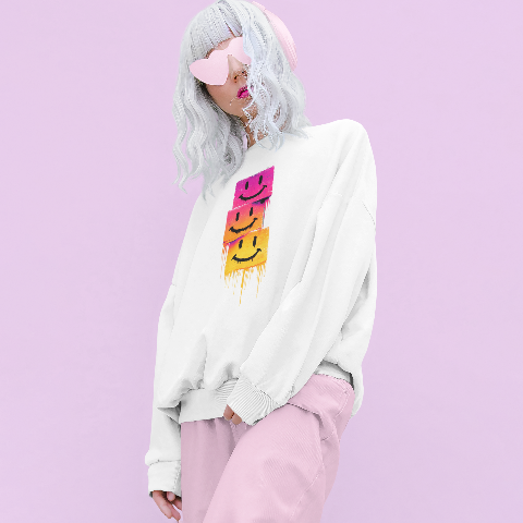 Basic Crew Neck Sweatshirt Stacked Melting Smiley Faces