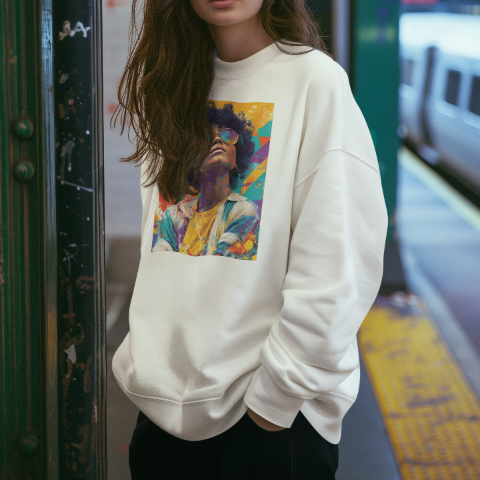 Oversized heavyweight sweatshirt  80s style Retro pop art portrait wearing large reflective round sunglasses