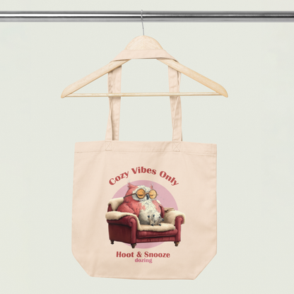 Cozy Vibes Eco Tote Bag – Funny Owl Design | Reusable Organic Cotton Shopper
