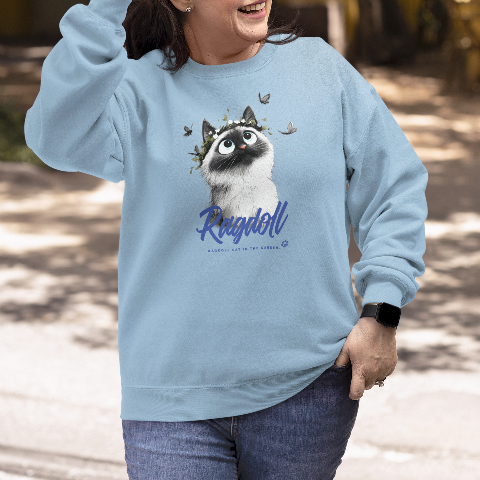 Basic Crew Neck Sweatshirt Ragdoll cat with a wreath in the garden