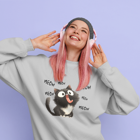 Basic Crew Neck Sweatshirt Little black cat who loves to stick out his tongue