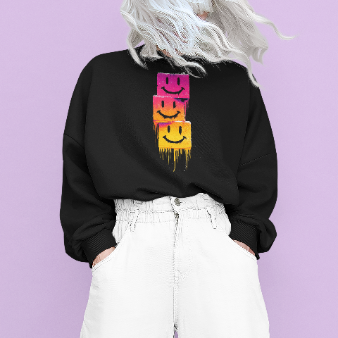 Basic Crew Neck Sweatshirt Stacked Melting Smiley Faces