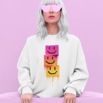 Basic Crew Neck Sweatshirt Stacked Melting Smiley Faces