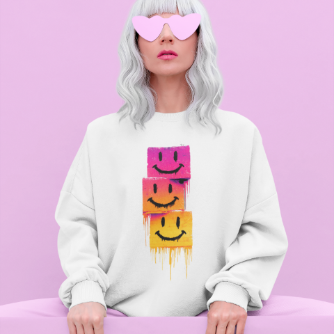 Basic Crew Neck Sweatshirt Stacked Melting Smiley Faces