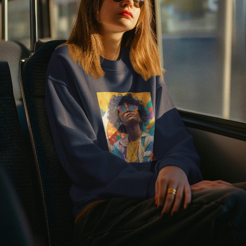 Oversized heavyweight sweatshirt  80s style Retro pop art portrait wearing large reflective round sunglasses