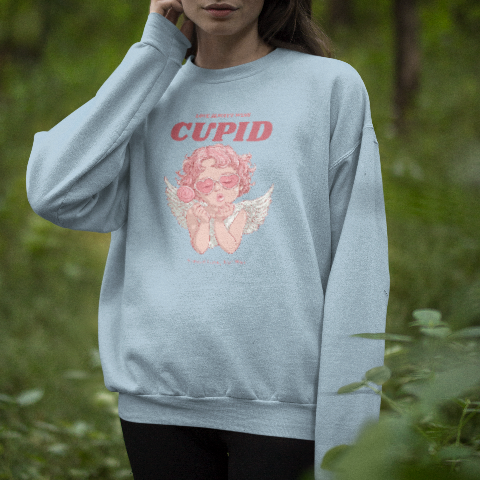Basic Crew Neck Sweatshirt Cupid wearing retro heart glasses